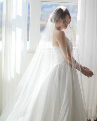 Tailored Tulle Long Blusher Airy Tulle Drop Veil at Mae Bridal, long blusher drop veil, airy tulle wedding veil, drop veil with blusher