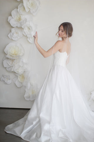 Airy tulle wedding veil at Mae Bridal, the Tailored Tulle Long Blusher Airy Tulle Drop Veil