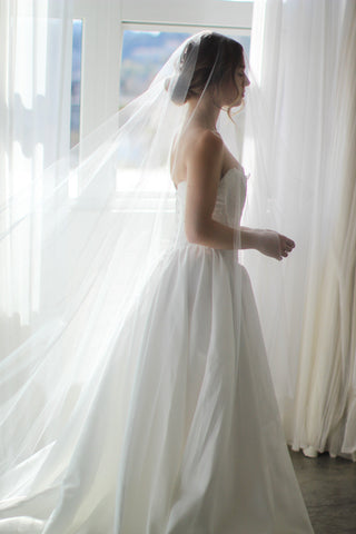 Tailored Tulle Long Blusher Airy Tulle Drop Veil at Mae Bridal, long blusher drop veil, airy tulle wedding veil, drop veil with blusher, hand sewn in Portland, Oregon