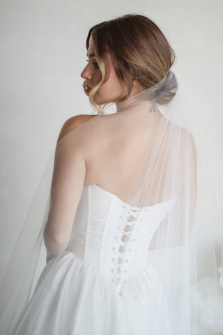 Long Blusher Airy Tulle Drop Veil from Tailored Tulle at Mae Bridal, long blusher drop veil, airy tulle wedding veil, drop veil with blusher, hand sewn in Portland, Oregon