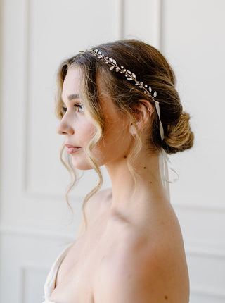 Tailored Tulle Opalescent Hair Vine at Mae Bridal, bridal hair vine, wedding headband, opalescent hair accessory, hand sewn in Portland, Oregon