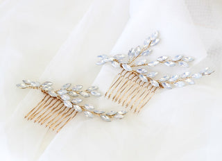 Tailored Tulle Opalescent Jewel Hair Comb at Mae Bridal, opalescent bridal hair comb, wedding hair comb, bridal hair accessories, hand sewn in Portland, Oregon