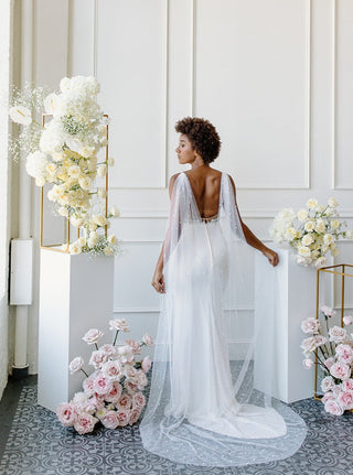 Tailored Tulle Pearl Bridal Cape at Mae Bridal, pearl bridal cape, bridal cape veil, pearl wedding cape