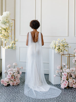Bridal cape veil at Mae Bridal, the Tailored Tulle Pearl Bridal Cape