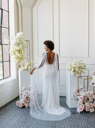 Tailored Tulle Pearl Bridal Cape, pearl wedding cape at Mae Bridal