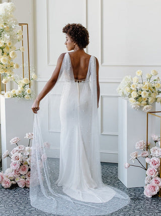 Pearl Bridal Cape from Tailored Tulle at Mae Bridal, pearl bridal cape, bridal cape veil, pearl wedding cape