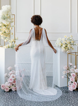 Tailored Tulle Pearl Bridal Cape at Mae Bridal, made to order, bridal cape veil, pearl bridal cape