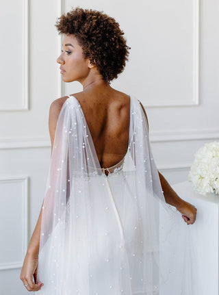 Tailored Tulle Pearl Bridal Cape at Mae Bridal, pearl bridal cape, bridal cape veil, pearl wedding cape, hand sewn in Portland, Oregon