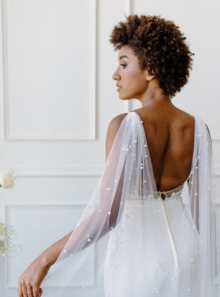 Pearl Bridal Cape by Tailored Tulle at Mae Bridal, pearl bridal cape, bridal cape veil, hand sewn in Portland, Oregon
