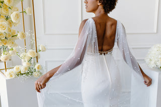 Bridal cape veil at Mae Bridal, the Tailored Tulle Pearl Bridal Cape, hand sewn in Portland, Oregon
