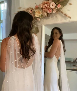 Tailored Tulle Pearl Bridal Cape, pearl wedding cape at Mae Bridal, hand sewn in Portland, Oregon