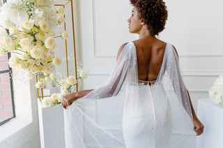 Tailored Tulle Pearl Bridal Cape at Mae Bridal, made to order, bridal cape veil, pearl bridal cape, hand sewn in Portland, Oregon