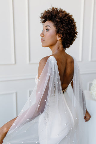 Tailored Tulle Pearl Bridal Cape at Mae Bridal, pearl bridal cape, bridal cape veil, pearl wedding cape, made to order