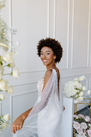 Pearl Bridal Cape by Tailored Tulle at Mae Bridal, pearl bridal cape, bridal cape veil, made to order