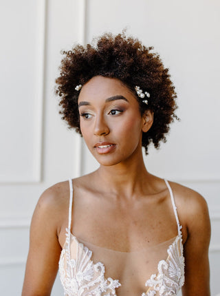 Tailored Tulle Pearl Cluster Hair Pins at Mae Bridal, made to order, wedding hair pins, pearl bridal hair pins