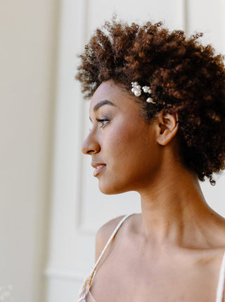 Tailored Tulle Pearl Cluster Hair Pins at Mae Bridal, pearl bridal hair pins, wedding hair pins, bridal hair accessories, hand sewn in Portland, Oregon