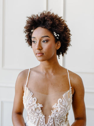 Wedding hair pins at Mae Bridal, the Tailored Tulle Pearl Cluster Hair Pins, hand sewn in Portland, Oregon