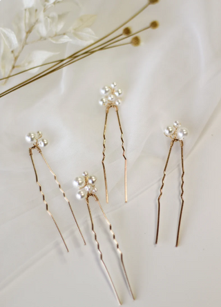 Wedding hair pins at Mae Bridal, the Tailored Tulle Pearl Cluster Hair Pins, made to order
