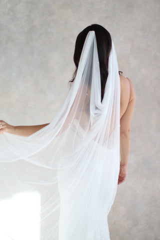Tailored Tulle Pearl Draped Veil at Mae Bridal, pearl draped veil, draped wedding veil, pearl wedding veil