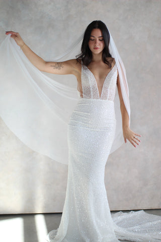 Pearl Draped Veil by Tailored Tulle at Mae Bridal, pearl draped veil, draped wedding veil
