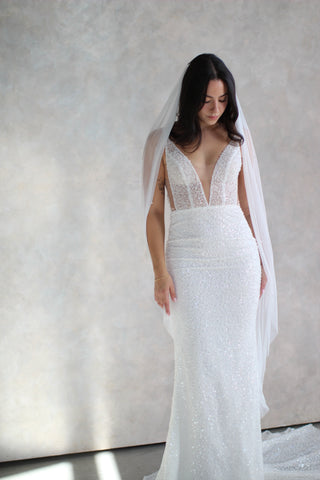Draped wedding veil at Mae Bridal, the Tailored Tulle Pearl Draped Veil
