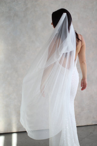 Tailored Tulle Pearl Draped Veil, pearl wedding veil at Mae Bridal