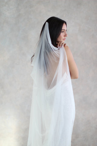 Pearl Draped Veil from Tailored Tulle at Mae Bridal, pearl draped veil, draped wedding veil, pearl wedding veil