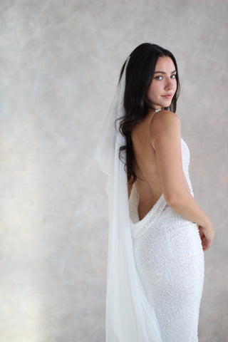 Tailored Tulle Pearl Draped Veil at Mae Bridal, made to order, draped wedding veil, pearl draped veil