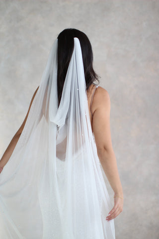 Tailored Tulle Pearl Draped Veil at Mae Bridal, pearl draped veil, draped wedding veil, pearl wedding veil, hand sewn in Portland, Oregon