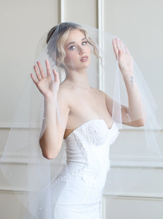 Tailored Tulle Pearl Edged Drop Veil at Mae Bridal, pearl edged drop veil, pearl wedding veil, drop bridal veil