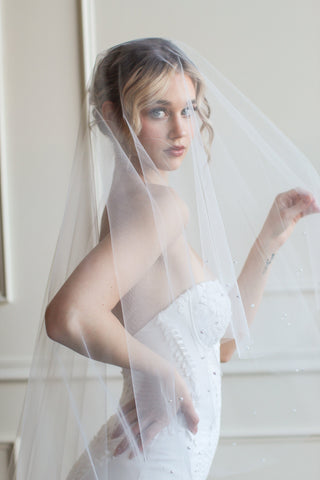 Pearl wedding veil at Mae Bridal, the Tailored Tulle Pearl Edged Drop Veil