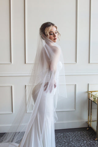 Tailored Tulle Pearl Edged Drop Veil, drop bridal veil at Mae Bridal