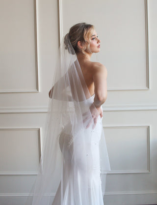 Pearl Edged Drop Veil from Tailored Tulle at Mae Bridal, pearl edged drop veil, pearl wedding veil, drop bridal veil