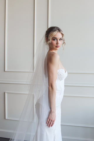 Tailored Tulle Pearl Edged Drop Veil at Mae Bridal, pearl edged drop veil, pearl wedding veil, drop bridal veil, hand sewn in Portland, Oregon