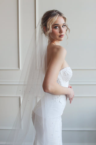 Pearl Edged Drop Veil by Tailored Tulle at Mae Bridal, pearl edged drop veil, pearl wedding veil, hand sewn in Portland, Oregon