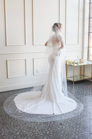 Pearl wedding veil at Mae Bridal, the Tailored Tulle Pearl Edged Drop Veil, hand sewn in Portland, Oregon