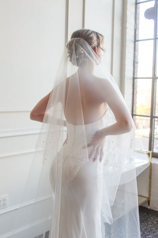 Tailored Tulle Pearl Edged Drop Veil, drop bridal veil at Mae Bridal, hand sewn in Portland, Oregon