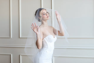 Tailored Tulle Pearl Edged Drop Veil at Mae Bridal, made to order, pearl wedding veil, pearl edged drop veil, hand sewn in Portland, Oregon