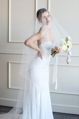 Tailored Tulle Pearl Edged Drop Veil at Mae Bridal, pearl edged drop veil, pearl wedding veil, drop bridal veil, made to order