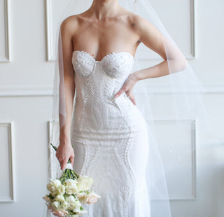 Pearl Edged Drop Veil by Tailored Tulle at Mae Bridal, pearl edged drop veil, pearl wedding veil, made to order