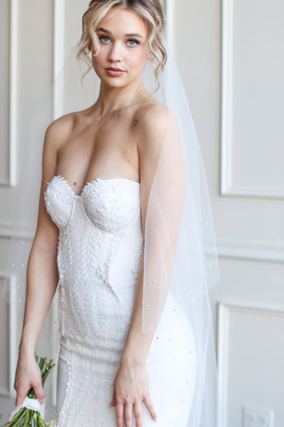 Pearl wedding veil at Mae Bridal, the Tailored Tulle Pearl Edged Drop Veil, made to order