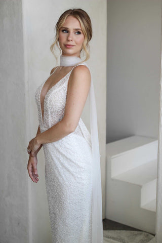 Tailored Tulle Pearl Neck Scarf, pearl wedding scarf at Mae Bridal