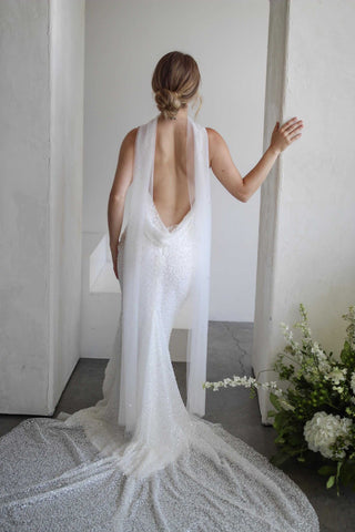 Tailored Tulle Pearl Neck Scarf at Mae Bridal, made to order, bridal neck scarf, pearl bridal scarf