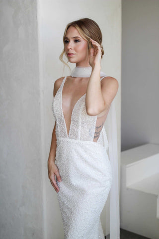 Tailored Tulle Pearl Neck Scarf at Mae Bridal, pearl bridal scarf, bridal neck scarf, pearl wedding scarf, hand sewn in Portland, Oregon
