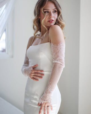 Tailored Tulle Swiss Dot Lace Sleeves at Mae Bridal, swiss dot lace sleeves, detachable bridal sleeves, lace wedding sleeves