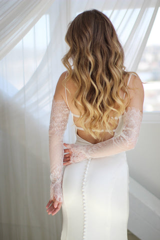 Detachable bridal sleeves at Mae Bridal, the Tailored Tulle Swiss Dot Lace Sleeves