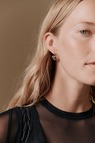 Billie Heart Gem Earrings by Their Studios, second angle at Mae Bridal, heart gem earrings, unique bridal jewelry