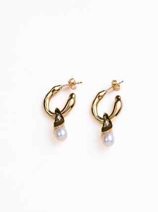 Their Studios Danny Drop Pearl Earrings front view at Mae Bridal, pearl drop earrings, pearl bridal jewelry, pearl wedding jewelry