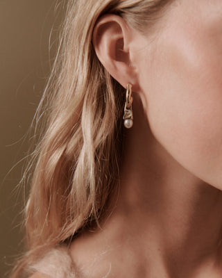 Danny Drop Pearl Earrings by Their Studios, second angle at Mae Bridal, pearl drop earrings, wedding day jewelry for bride
