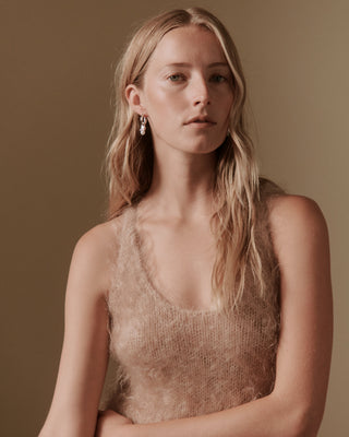 Their Studios Danny Drop Pearl Earrings on model, second angle at Mae Bridal, pearl drop earrings, wedding accessories jewelry, handmade bridal jewellery, recycled gold vermeil and sterling silver